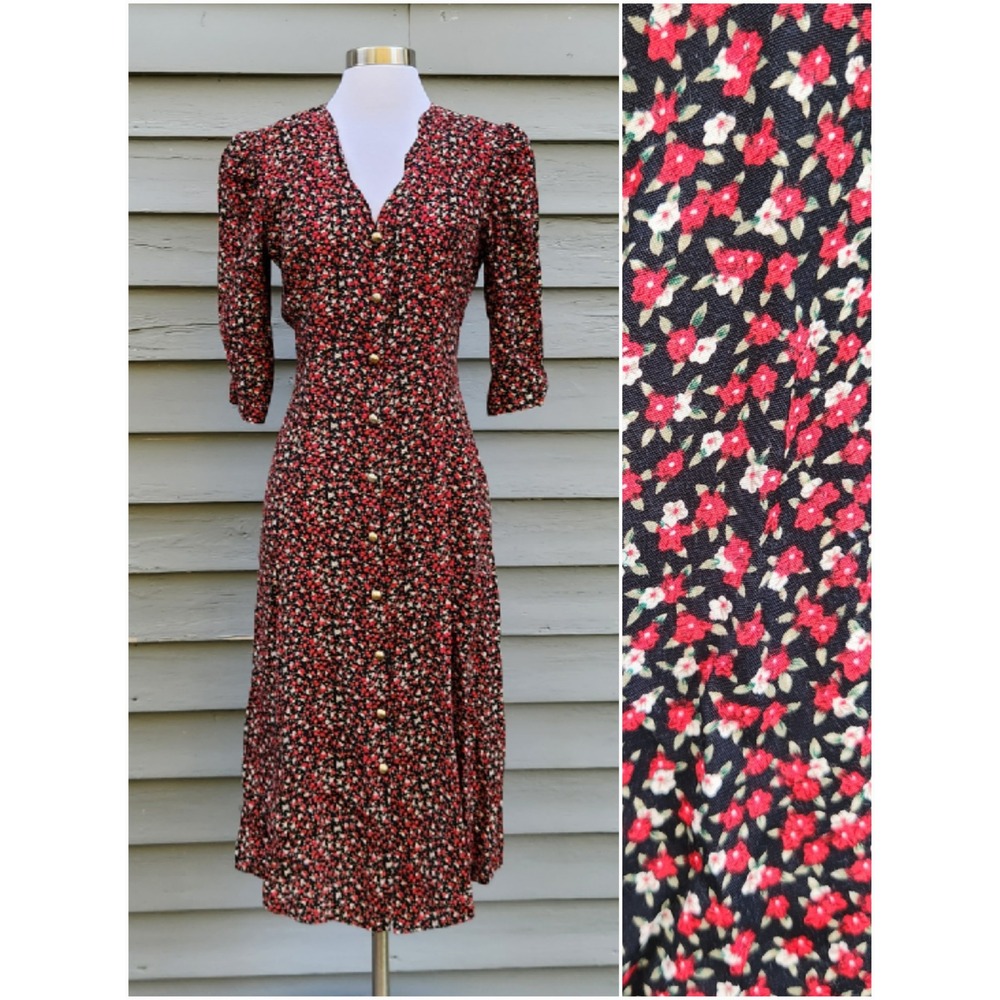 Vintage 90s Y2K Caroline Wells Dress Black Red Ditsy Floral Corset Back Midi 8